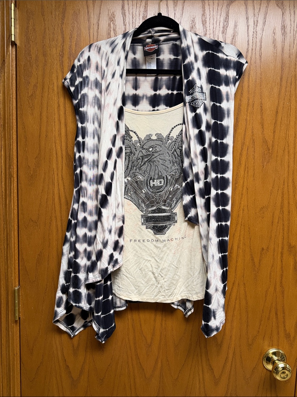 Harley-Davidson Black and White Tie-Dye Open Cardigan with Graphic Tank